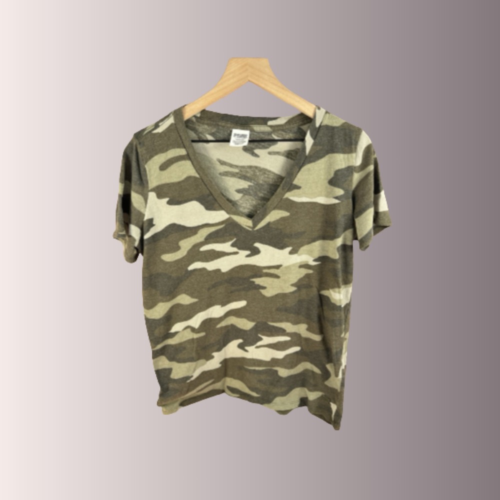 PINK Victoria's Secret Women's Large Camo V-Neck T-Shirt Green Short Sleeve L
